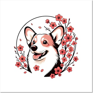 Cardigan Welsh Corgi Celebrates Spring with Cherry Blossoms Posters and Art